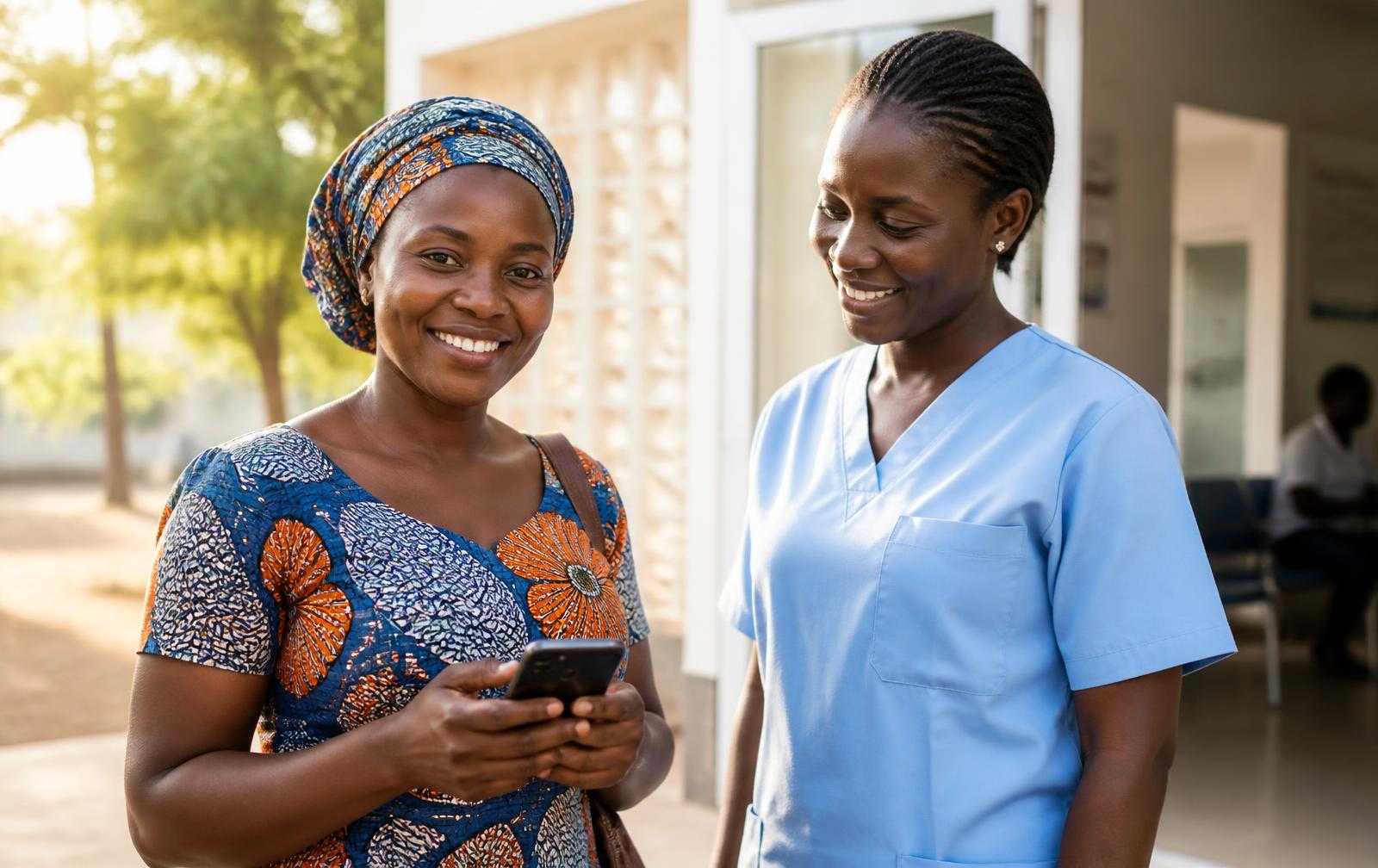 A woman using MediLink on her phone while talking with a nurse outside a community health clinic